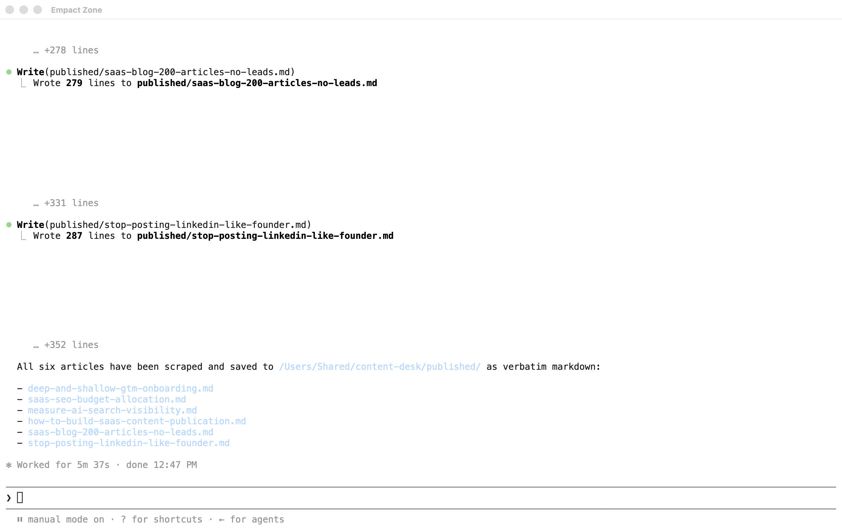 Claude Code reporting that six published articles were read with Firecrawl and saved into the published folder after five minutes and thirty-seven seconds.