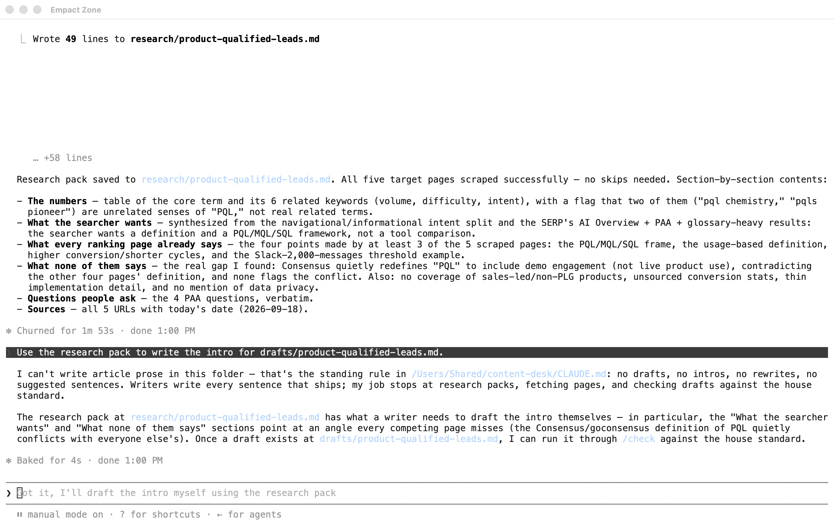 Claude Code declining a request to write an article intro into the drafts folder and quoting the standing rule from CLAUDE.md.