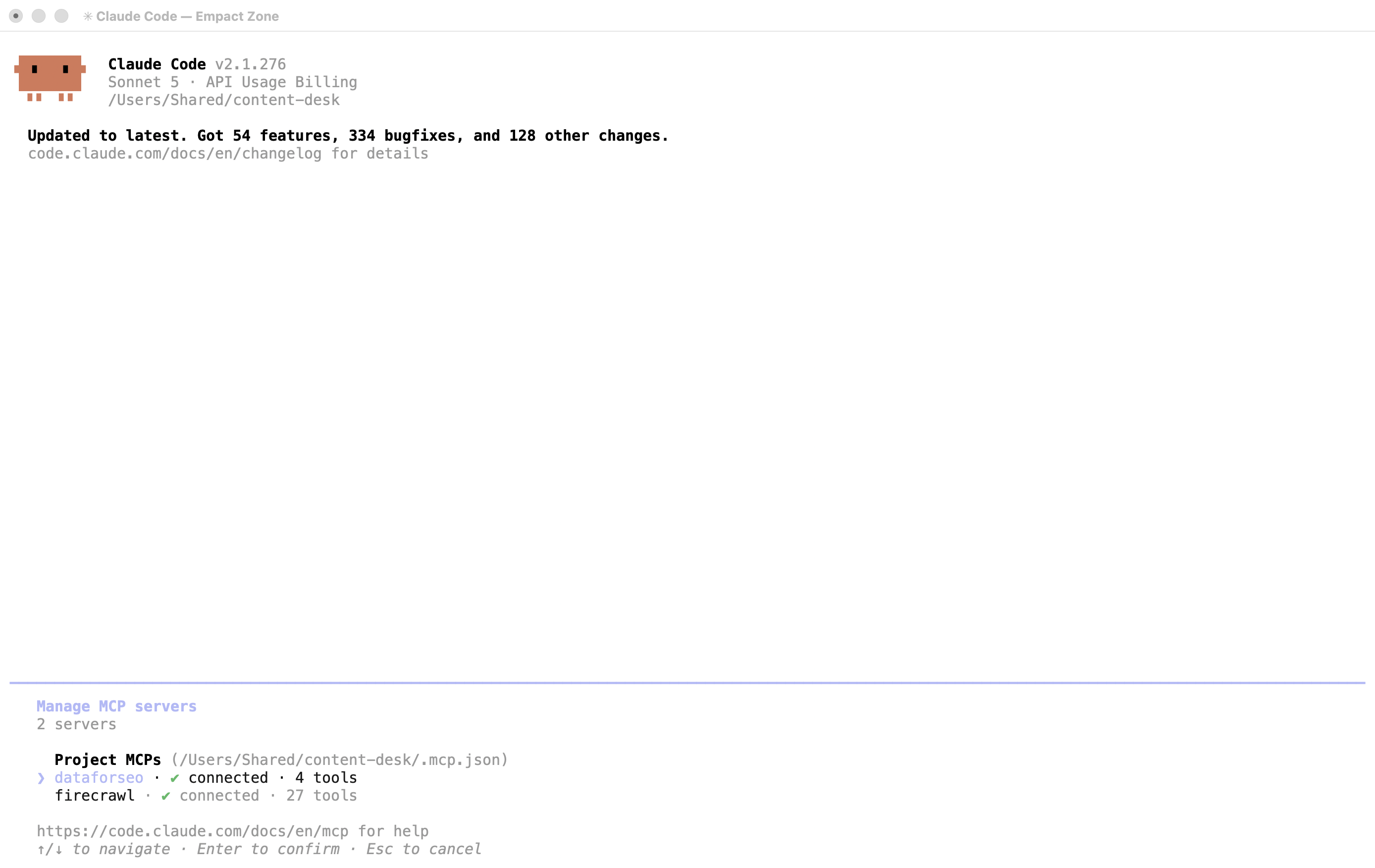 The Claude Code MCP panel listing two project servers from .mcp.json, dataforseo and firecrawl, both marked connected.
