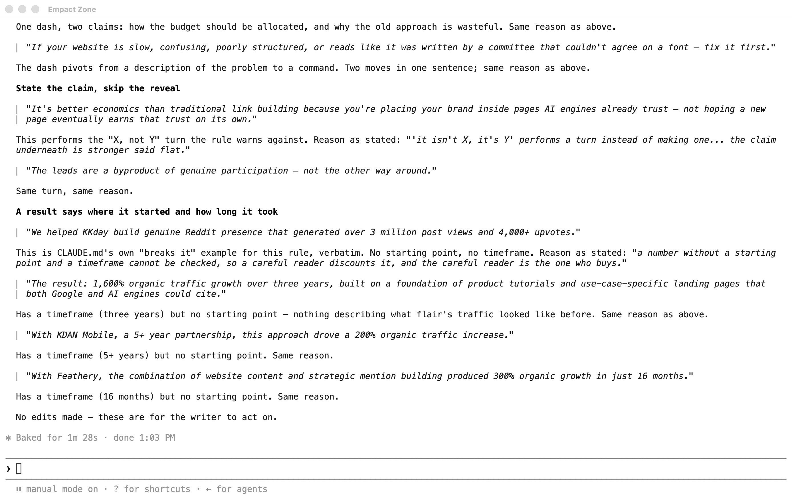 Claude Code’s check of a draft against the house standard, quoting sentences under each rule with the rule’s reason and making no edits.
