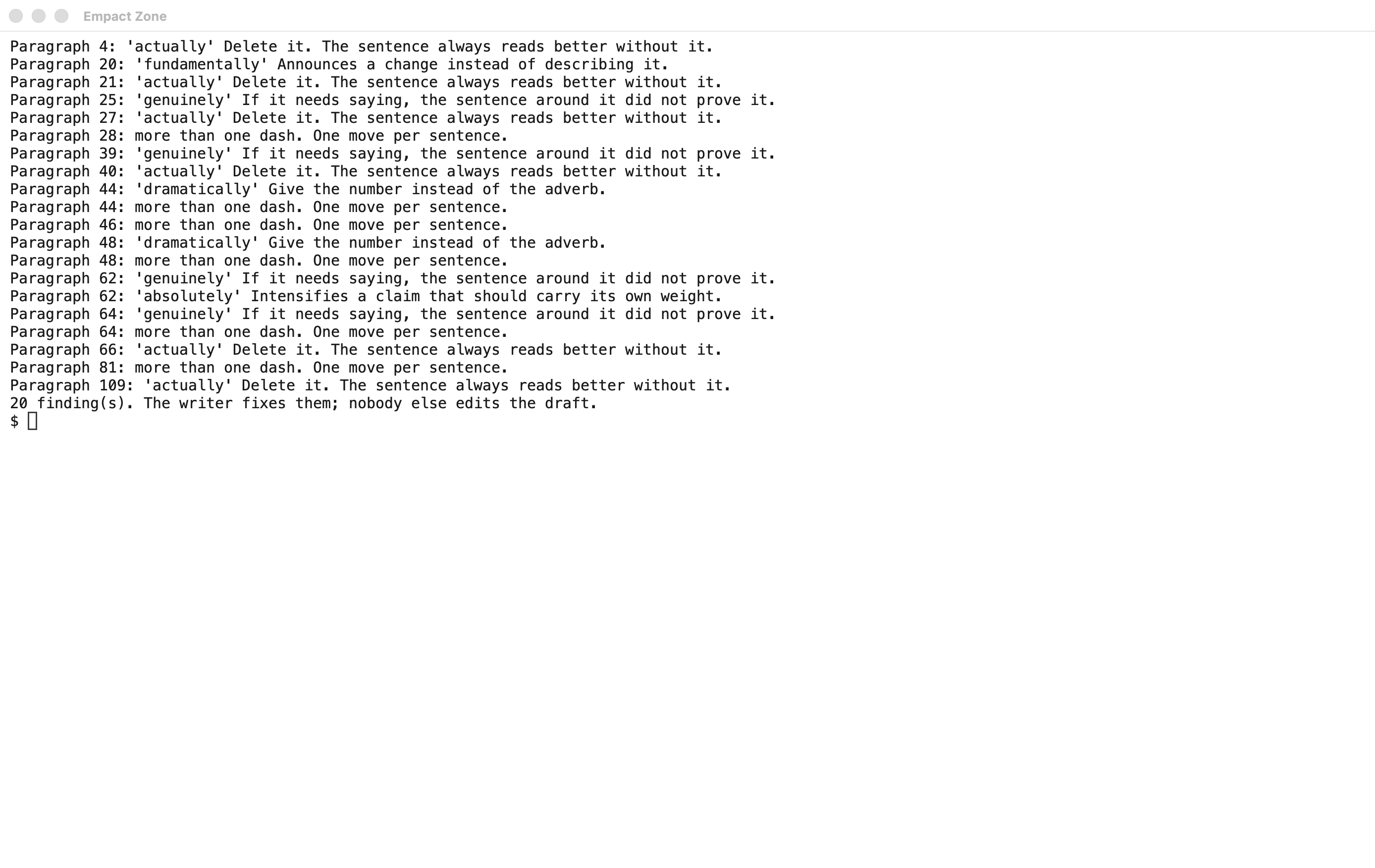The check script’s output in a terminal: twenty findings on a draft, each with a paragraph number and the reason from the house standard.