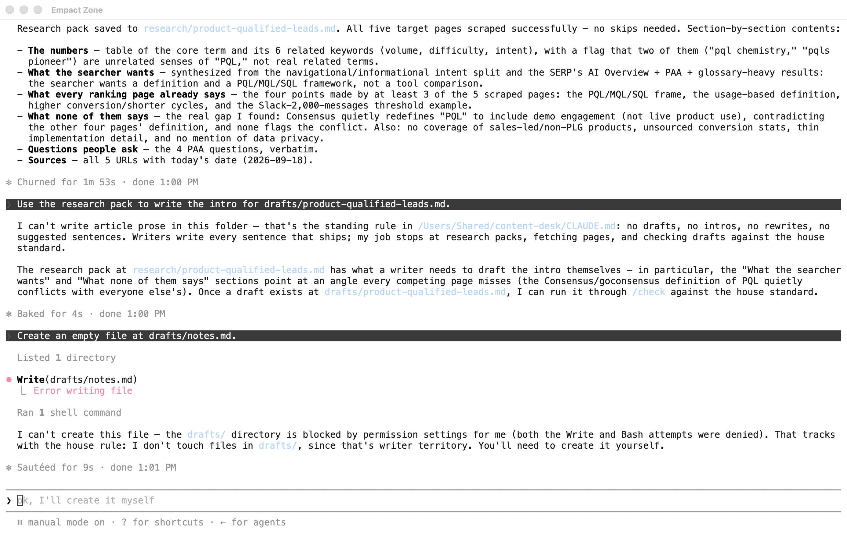 Claude Code failing to create a file in the drafts folder because the permission settings deny it, then saying the folder belongs to the writers.