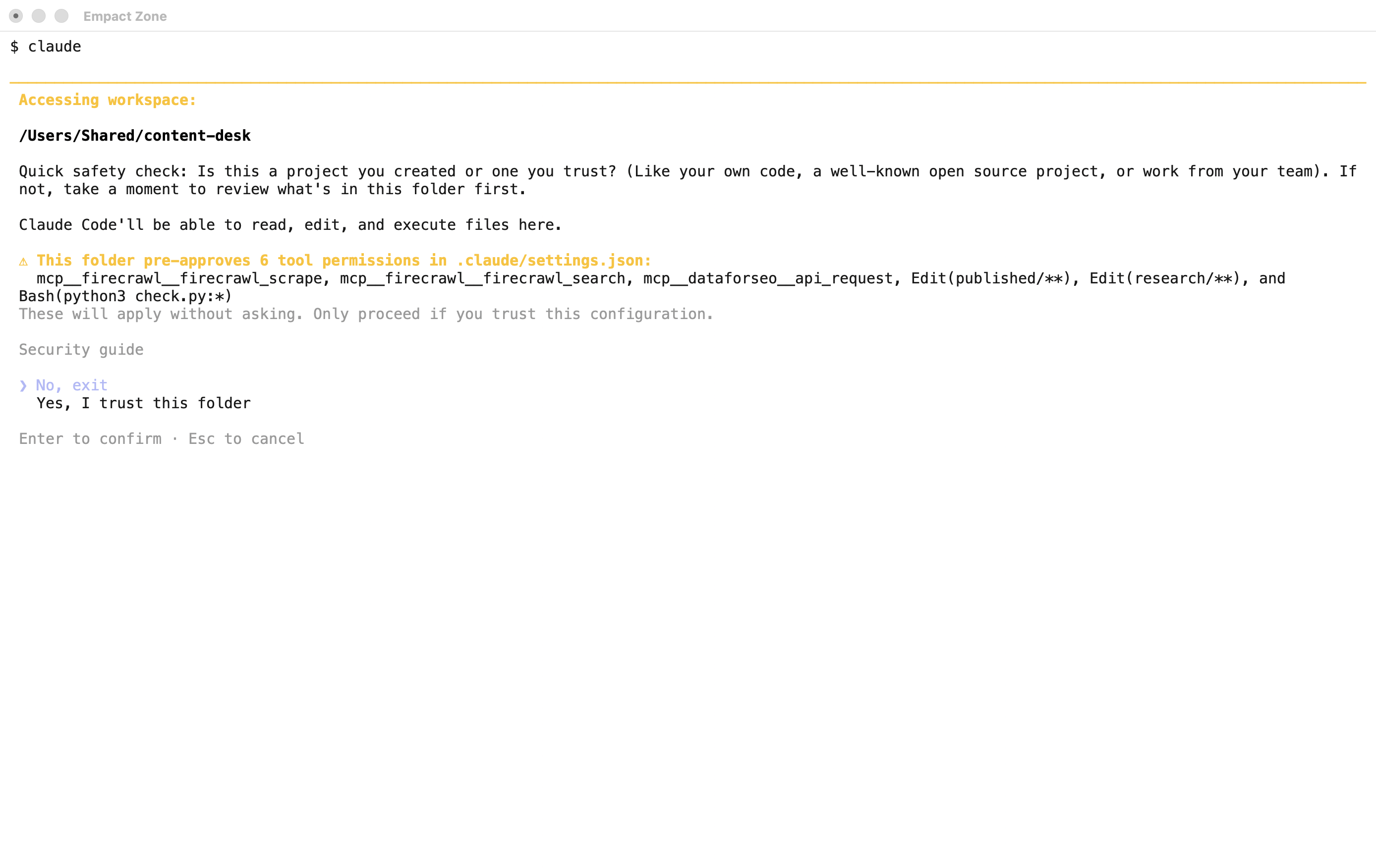 Claude Code’s first-launch trust screen for the content-desk folder, listing the six tool permissions pre-approved in .claude/settings.json.