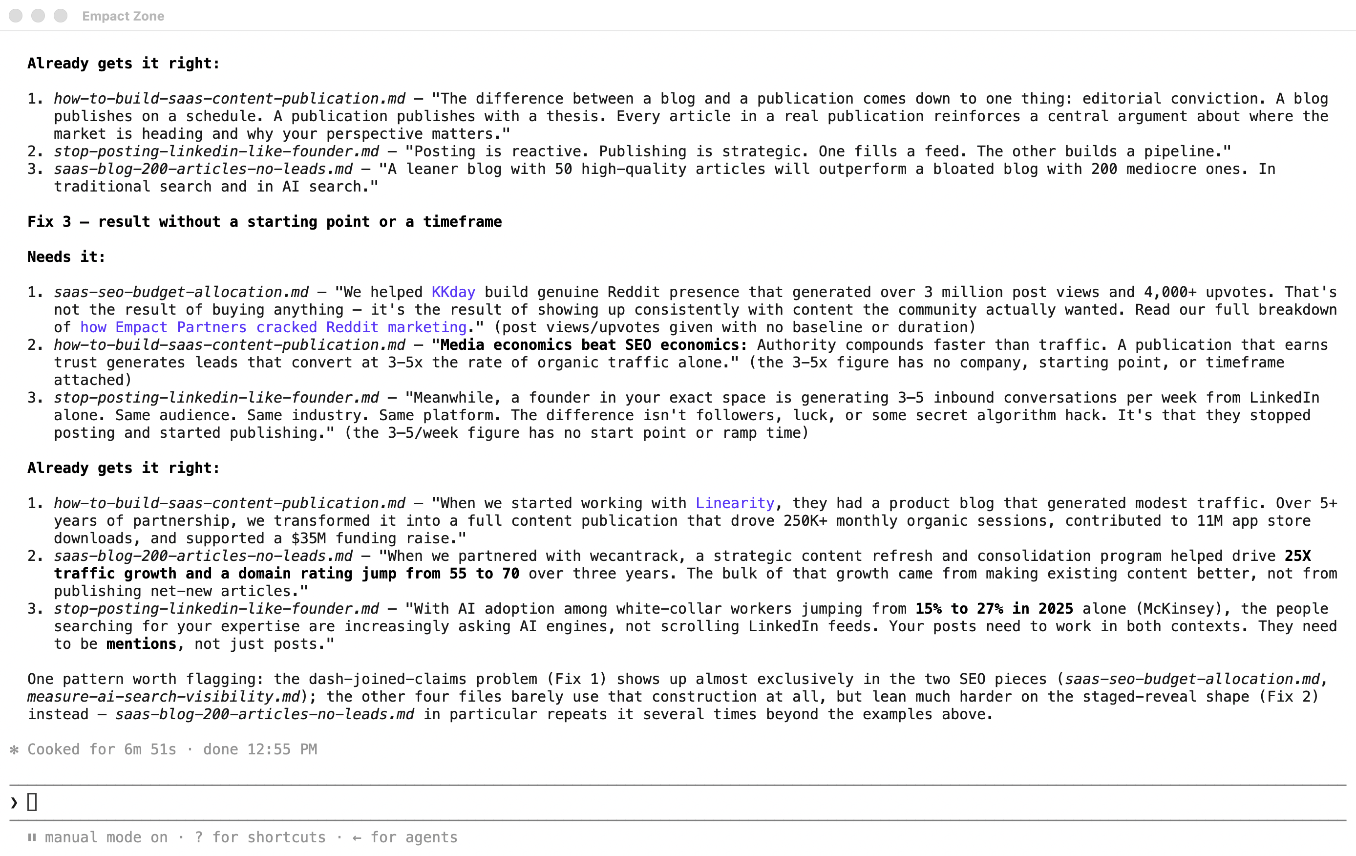Claude Code listing quoted paragraphs from the published articles under each of the editor’s three fixes, split into paragraphs that need the fix and paragraphs that already get it right.
