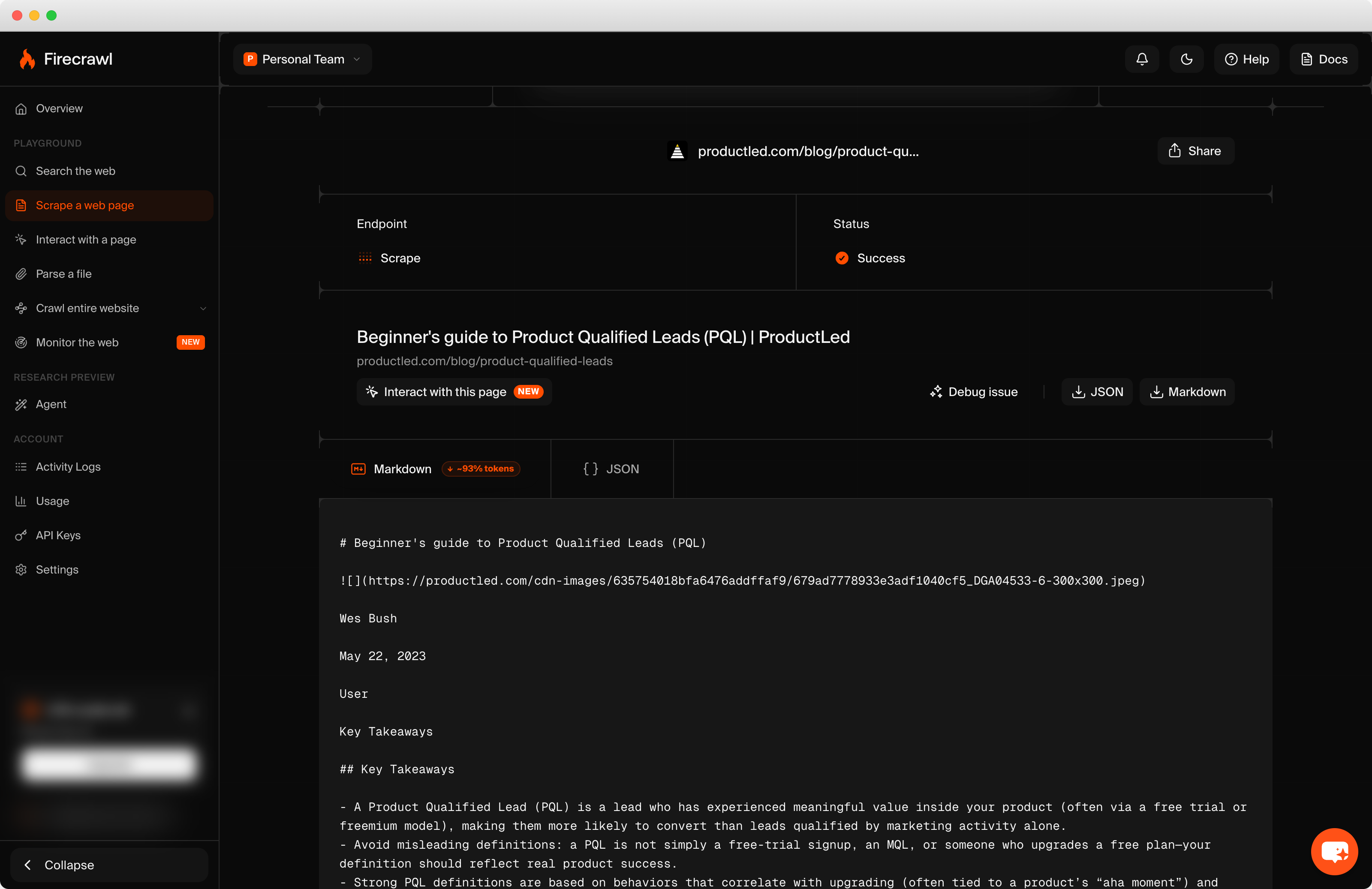 Firecrawl’s scrape playground returning a page that ranks for product qualified leads as clean Markdown, with a badge showing the token saving over the raw page.