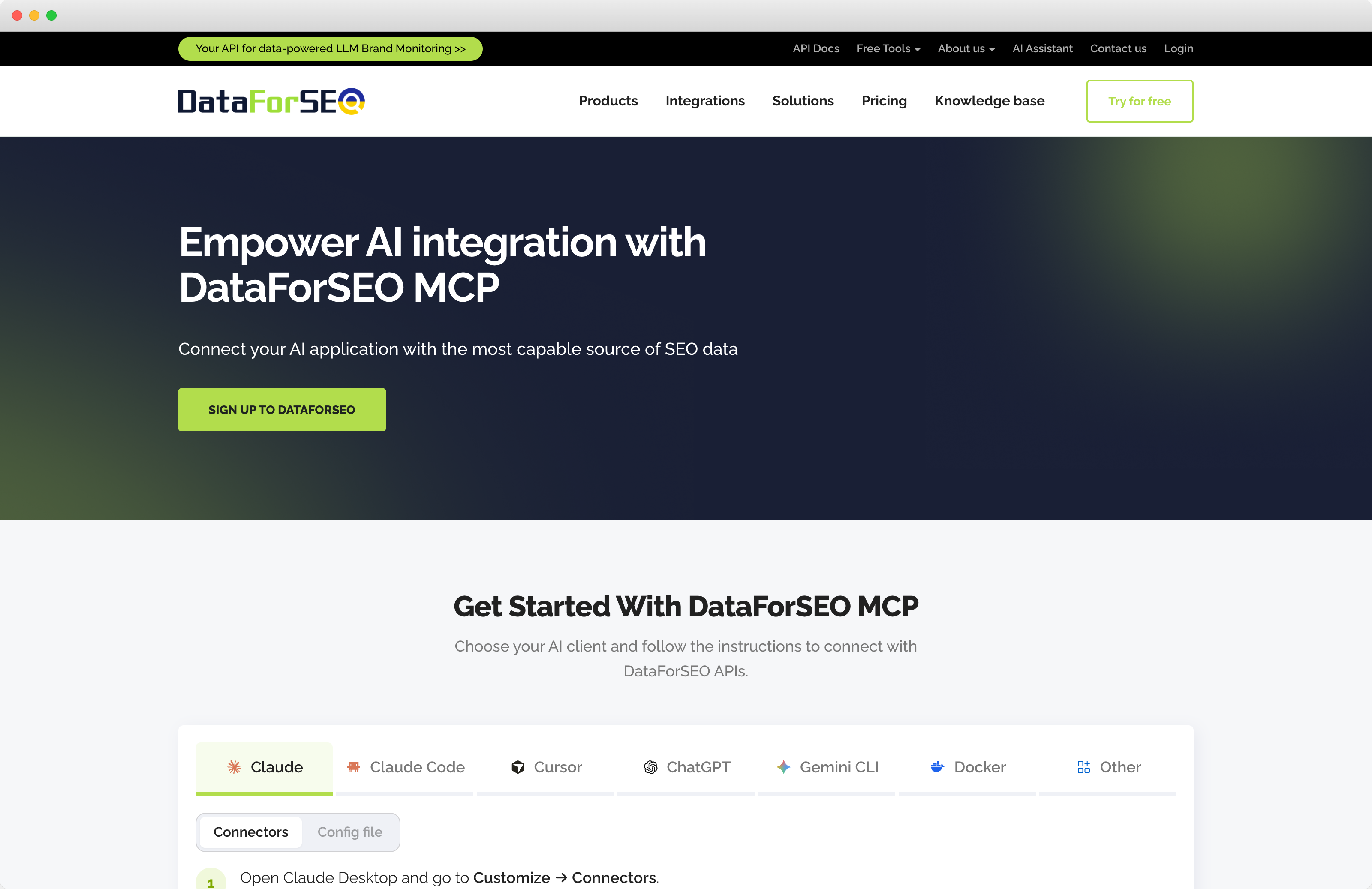 DataForSEO’s public Model Context Protocol page, with a setup guide that lists Claude Code among the AI clients it connects to.