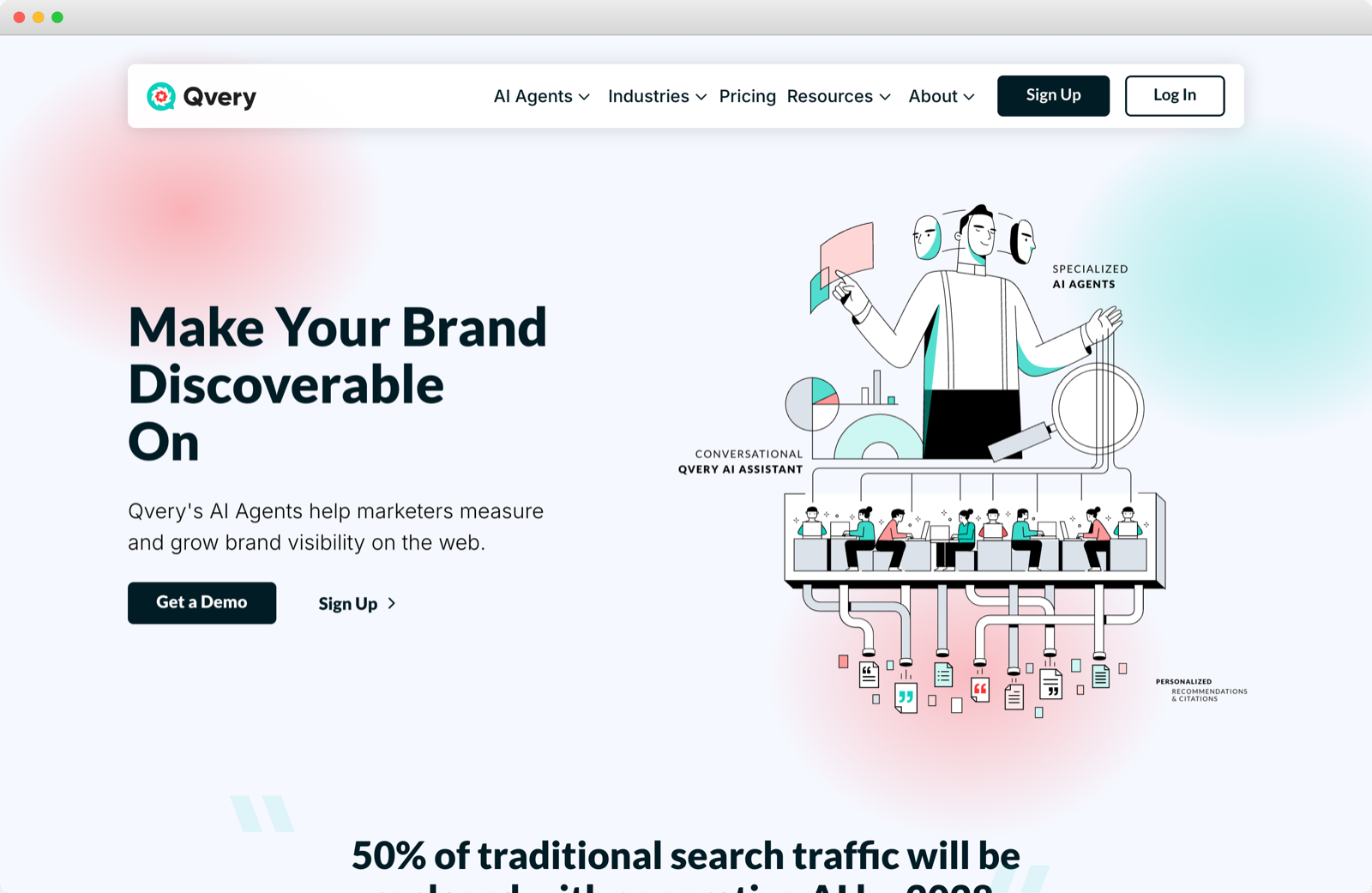 The Qvery homepage in a browser frame, headlined Make Your Brand Discoverable On AI