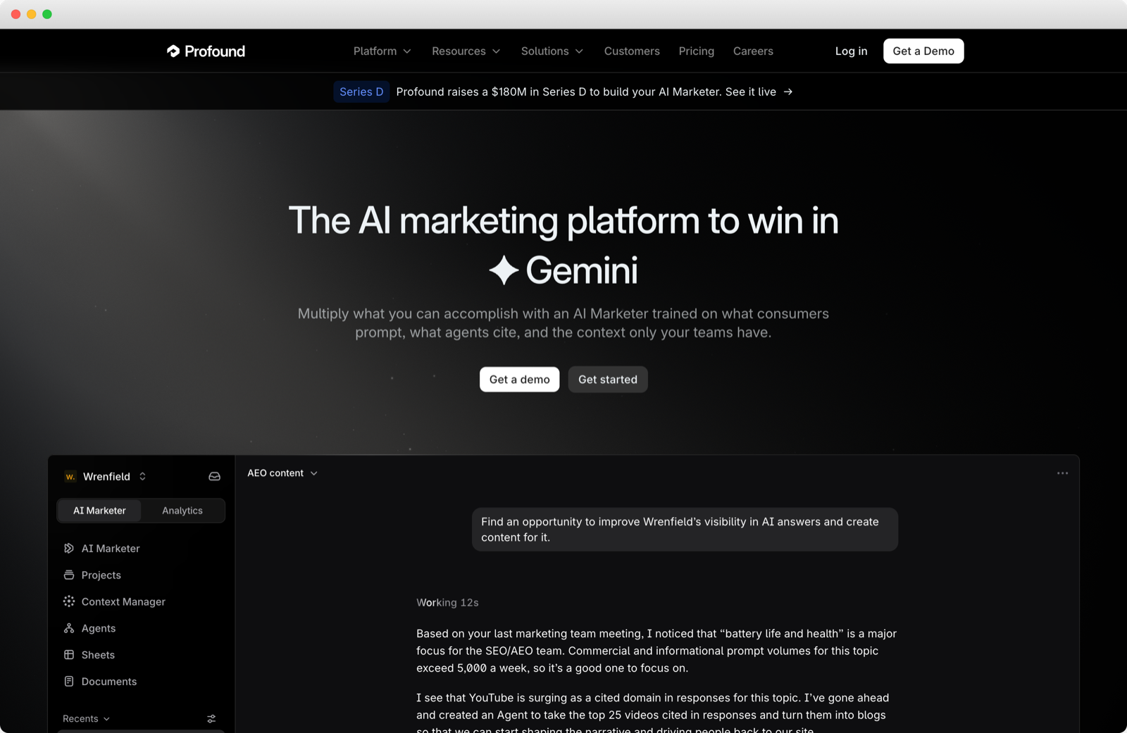 The Profound homepage in a browser frame, headlined The AI marketing platform to win in Gemini
