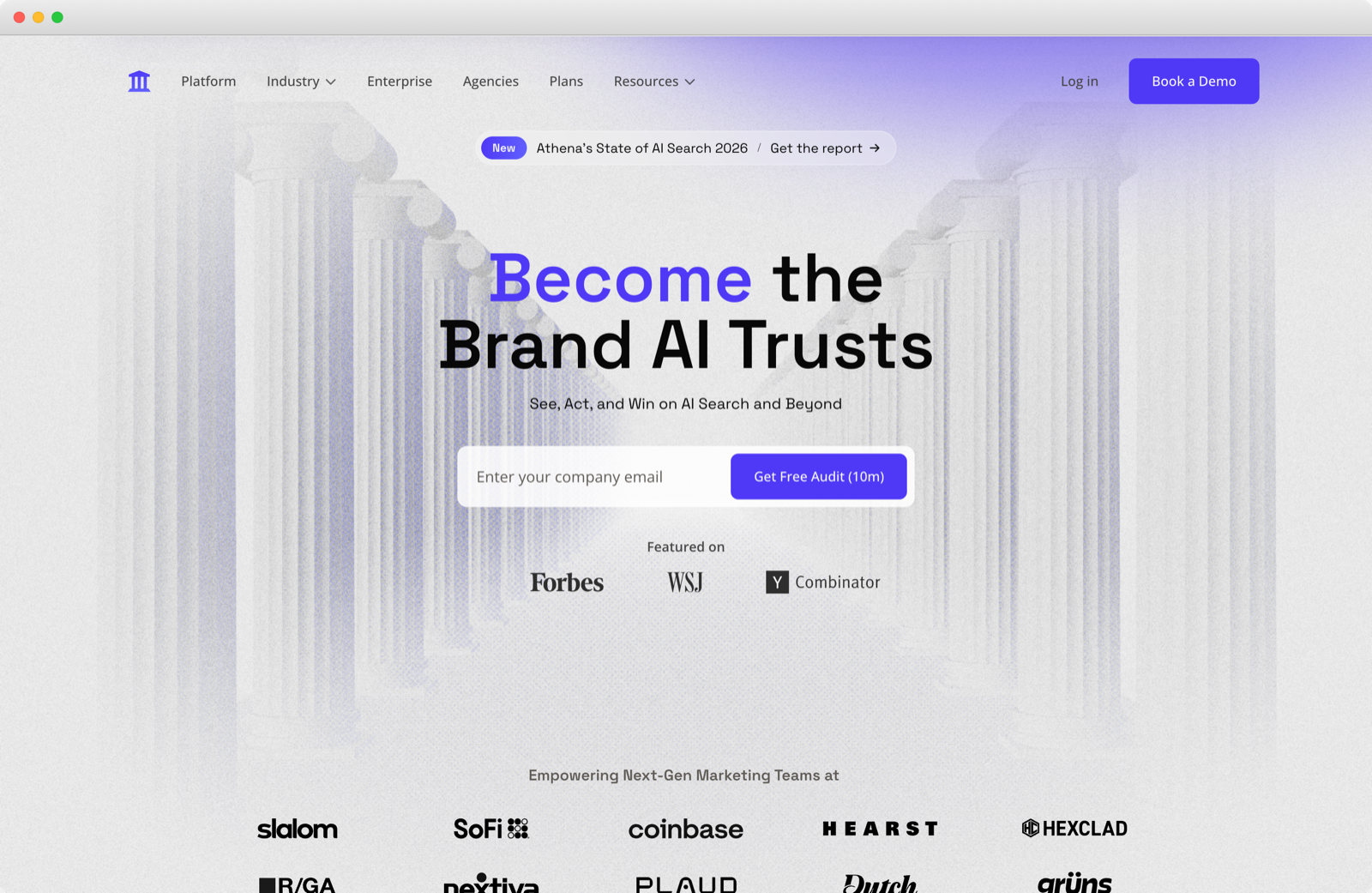 The AthenaHQ homepage in a browser frame, headlined Become the Brand AI Trusts
