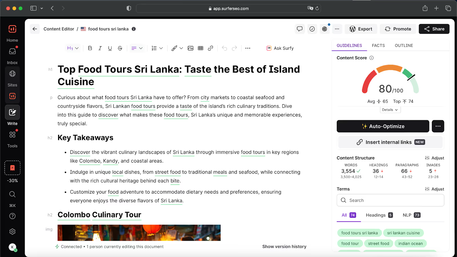 Surfer’s Content Editor showing a Content Score of 80 out of 100, with a competitor average of 65 and a top competitor at 74 printed beneath it.