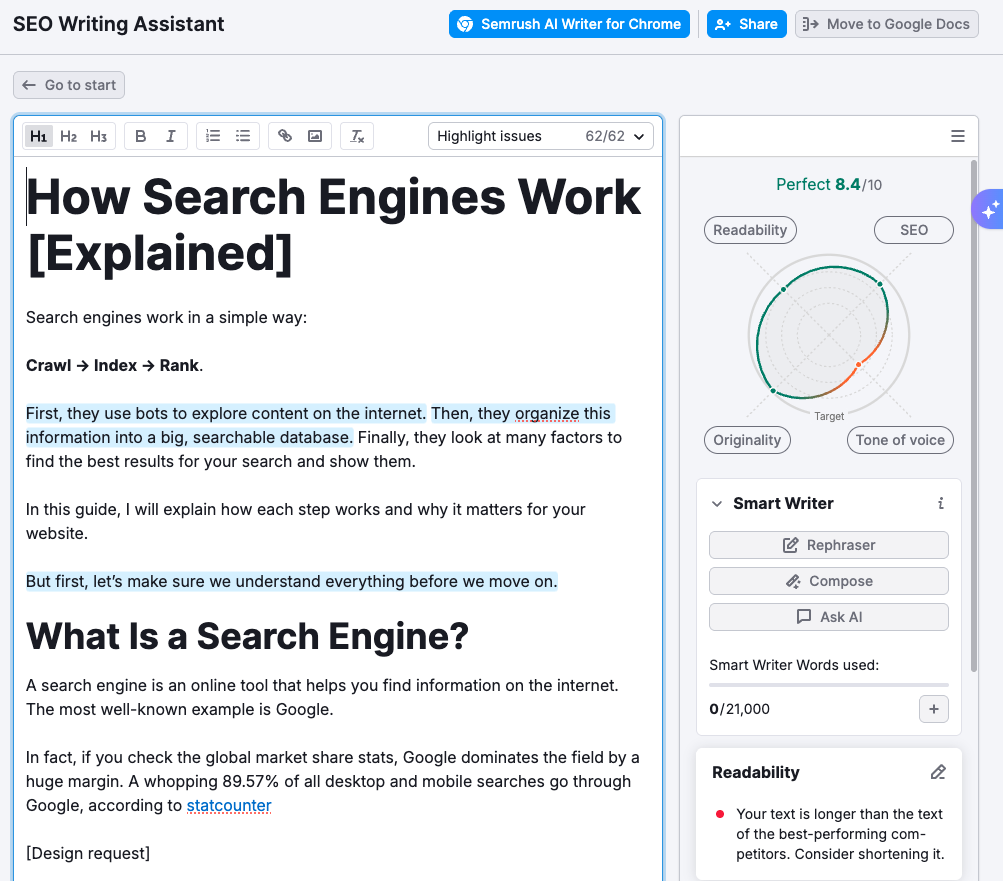 Semrush SEO Writing Assistant showing a Perfect 8.4 out of 10 score above a radar of readability, SEO, originality, and tone of voice against a target ring.