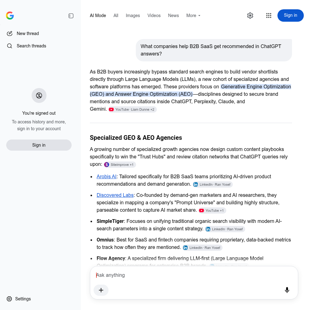 Google AI Mode answer viewed signed out to the same question, listing Arobis AI, Discovered Labs, SimpleTiger, Omnius and Flow Agency under Specialized GEO and AEO Agencies, several lines ending in a chip reading LinkedIn, Ran Yosef.