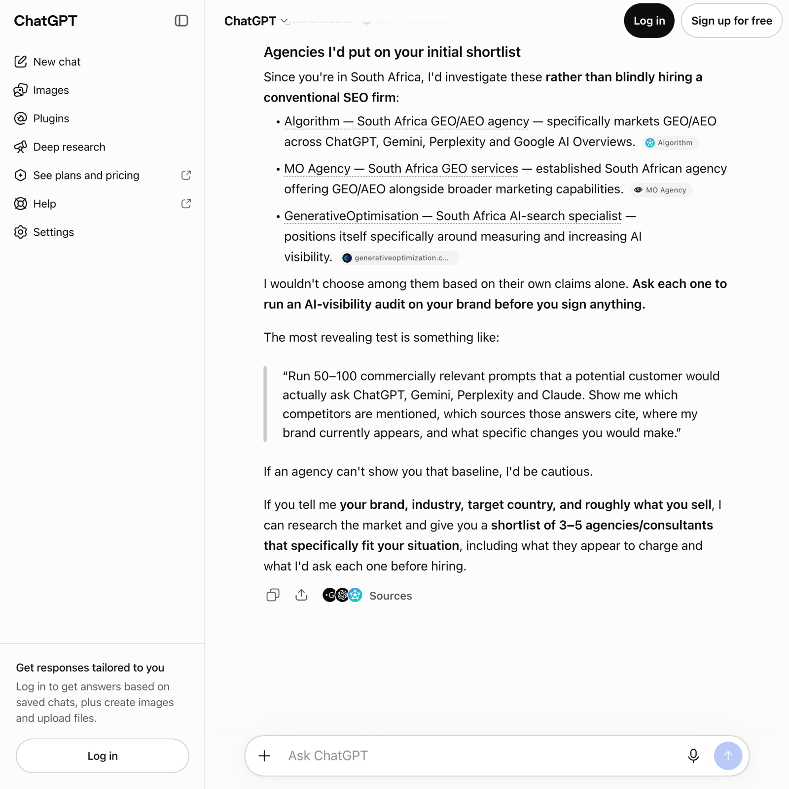 ChatGPT answer viewed logged out, under the heading Agencies I’d put on your initial shortlist, opening with Since you’re in South Africa and listing Algorithm, MO Agency and GenerativeOptimisation, each described as a South African agency or specialist.
