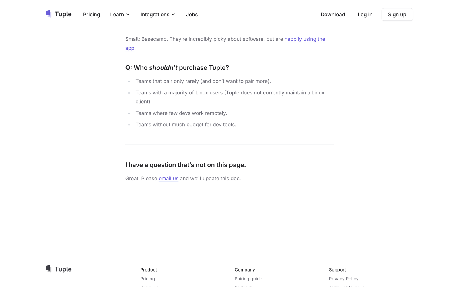 Tuple’s buyer guide answering “Who shouldn’t purchase Tuple?” with four kinds of team, starting with teams that pair only rarely.