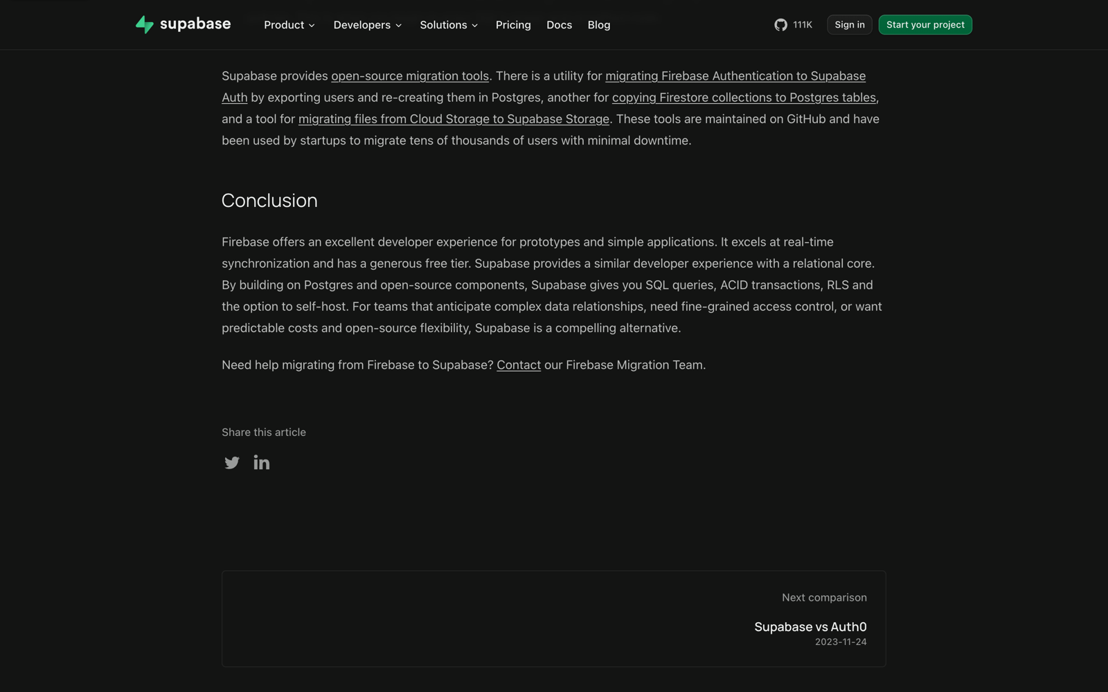 The conclusion of Supabase’s Firebase comparison, which opens by praising Firebase’s developer experience for prototypes and simple applications.