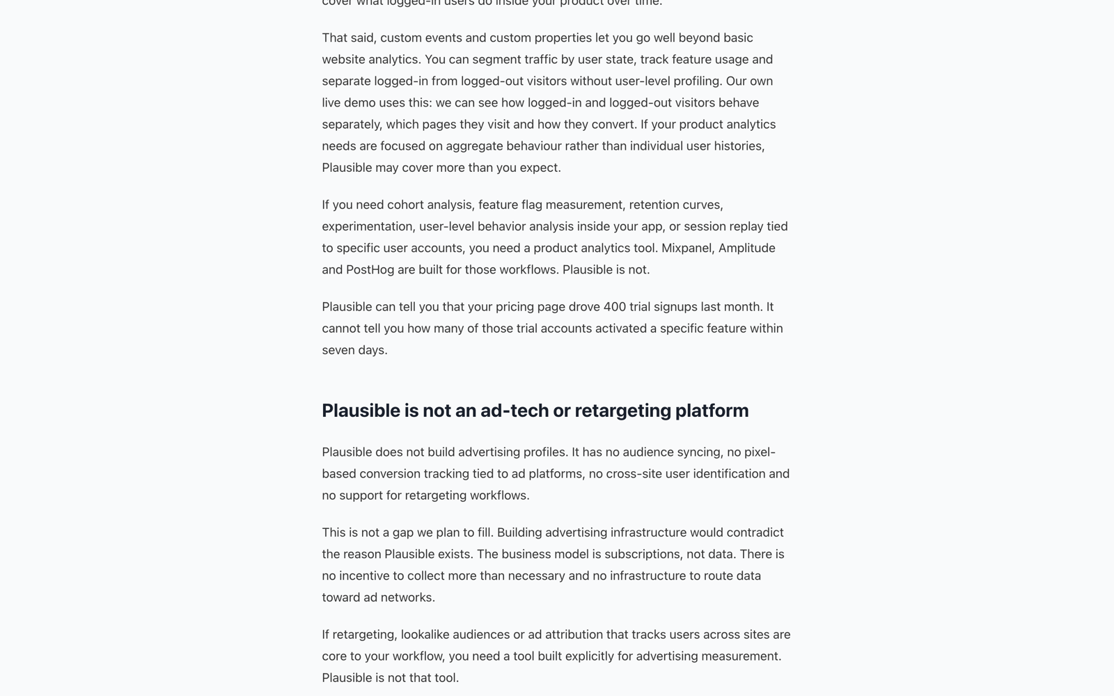 Plausible’s “When Plausible is not the right fit” page, showing the passage that ends “Mixpanel, Amplitude and PostHog are built for those workflows. Plausible is not.”