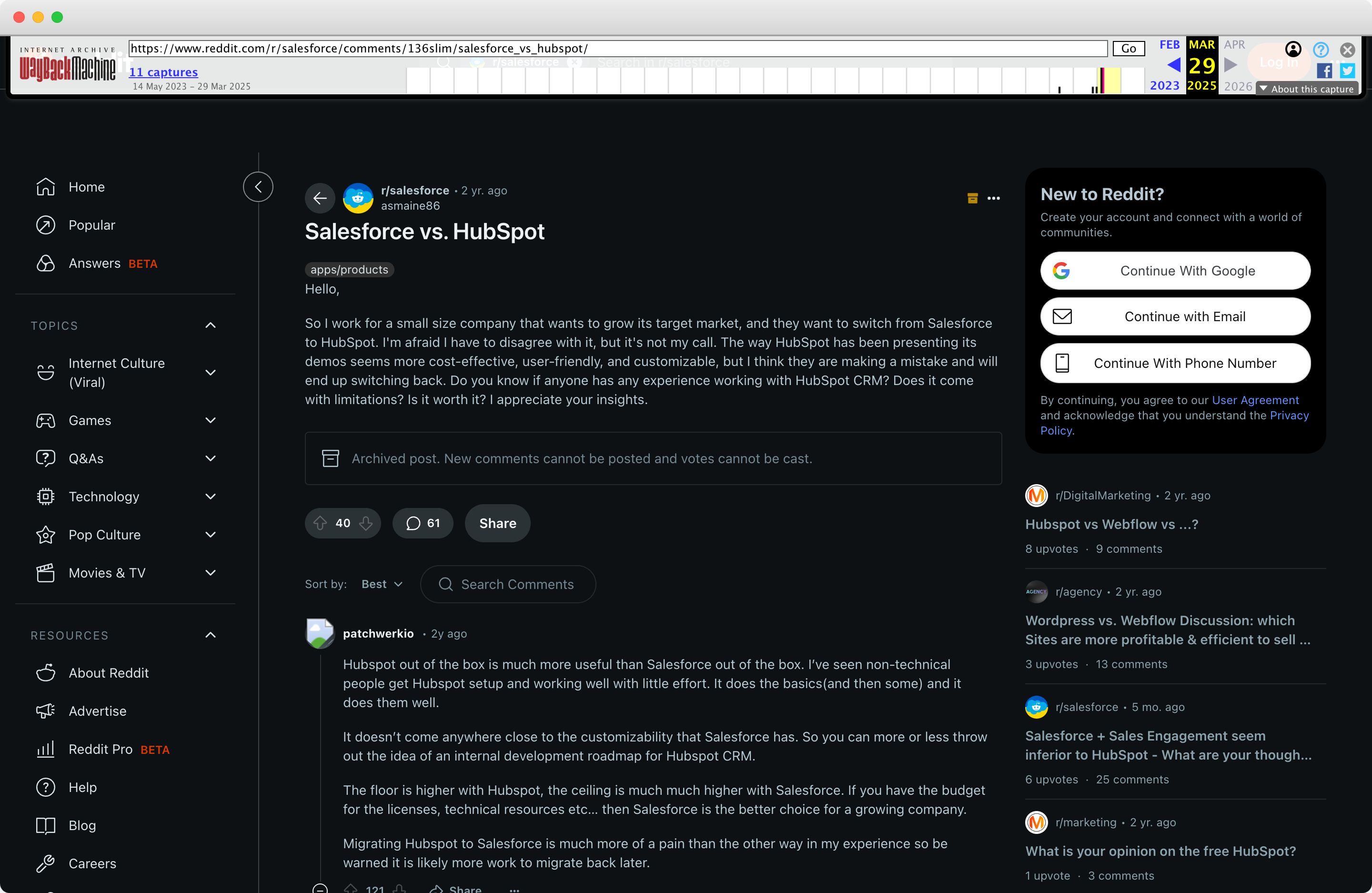 Screenshot of the Reddit thread “Salesforce vs HubSpot” in r/salesforce as the Internet Archive saved it on March 29, 2025, showing the question, 40 upvotes, 61 comments, a notice that the post is archived and closed to new comments and votes, and the top answer comparing the two products.