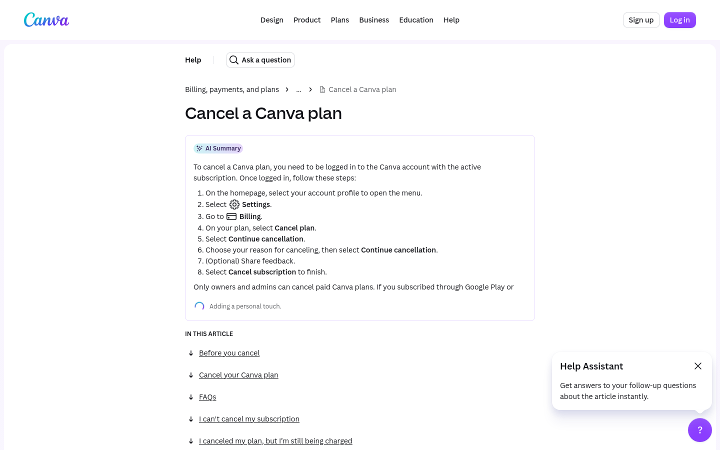 Canva help article titled Cancel a Canva plan, with an AI summary box listing the cancellation steps.