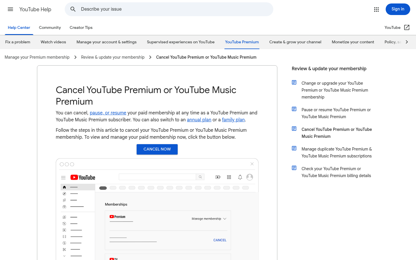 YouTube help article titled Cancel YouTube Premium or YouTube Music Premium, with a Cancel now button.