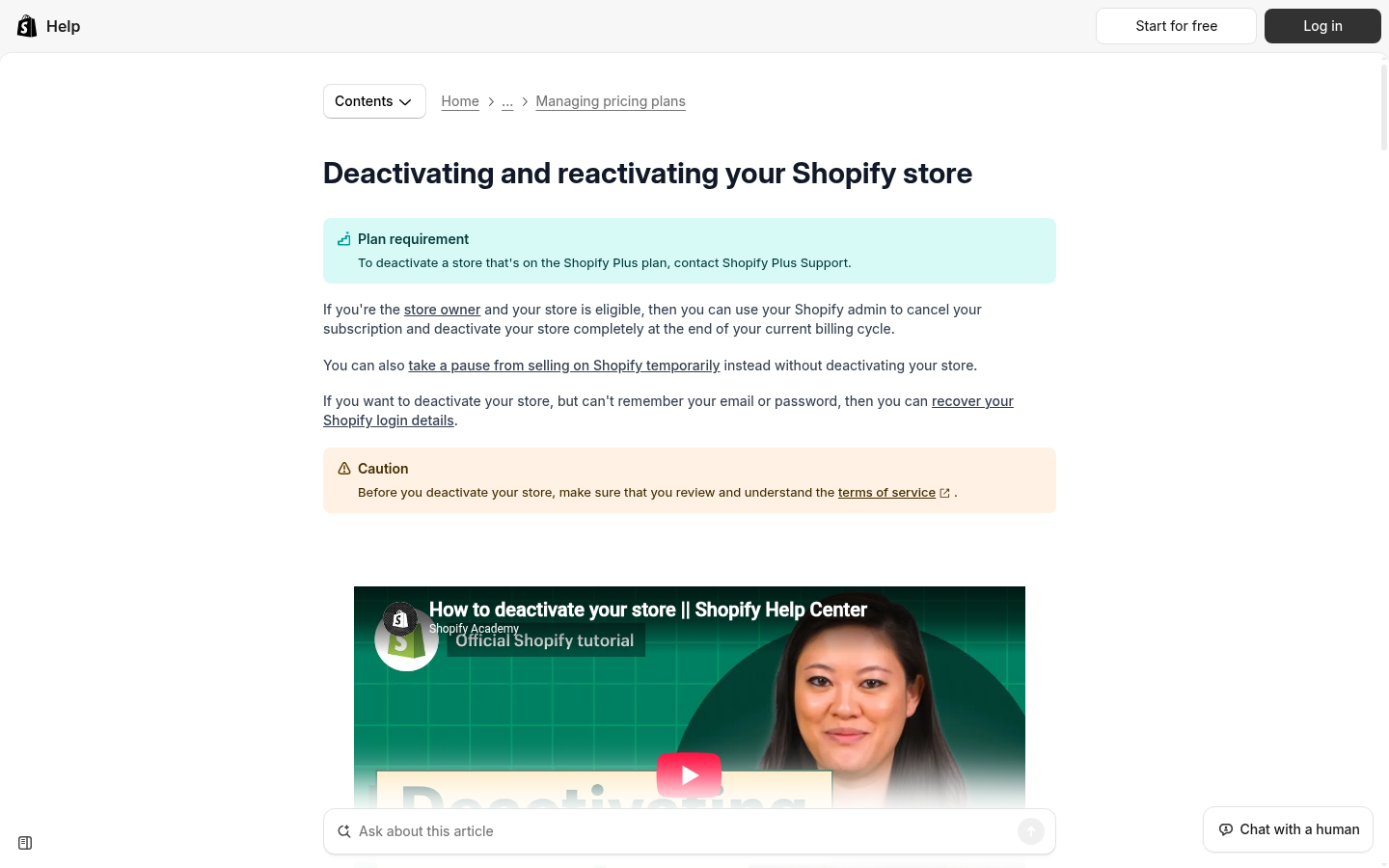 Shopify help article titled Deactivating and reactivating your Shopify store, with a plan requirement note.