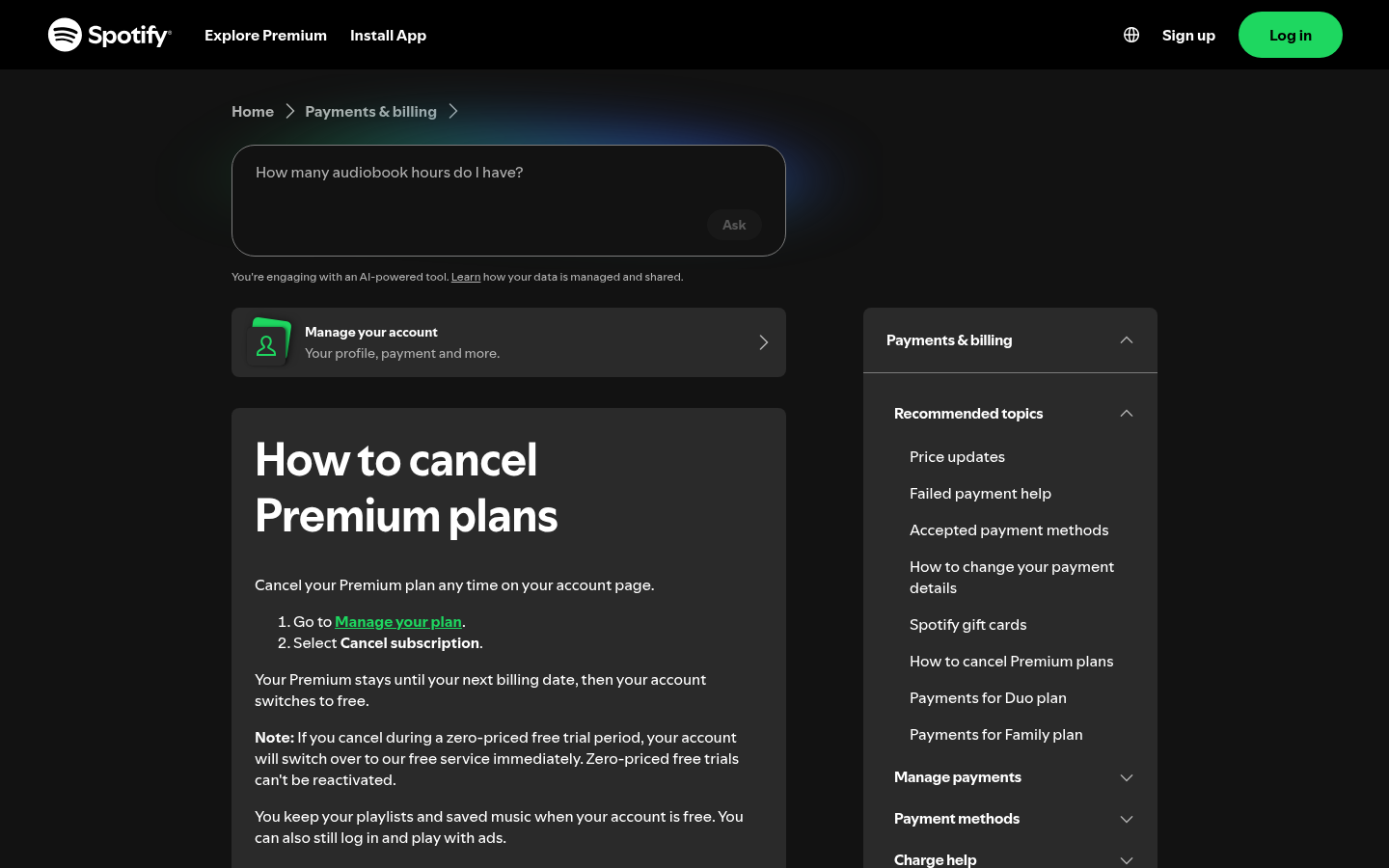 Spotify help article titled How to cancel Premium plans, listing two steps: go to Manage your plan, then select Cancel subscription.
