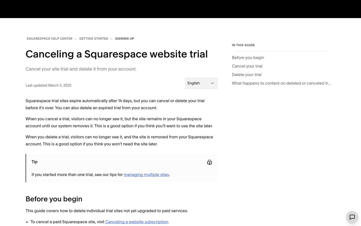 Squarespace help article titled Canceling a Squarespace website trial, explaining that the trial expires after 14 days.