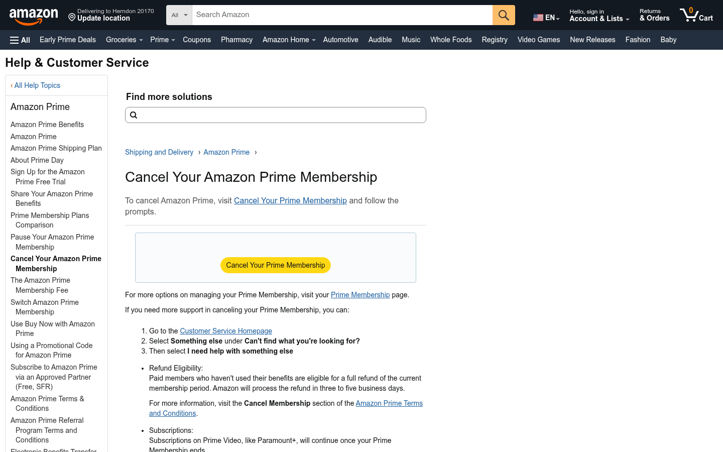Amazon help page titled Cancel Your Amazon Prime Membership, with a yellow cancel button and support links.