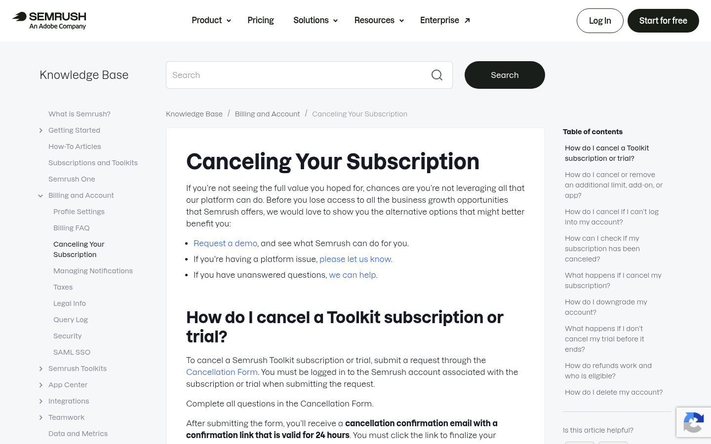 Semrush knowledge base article titled Canceling Your Subscription, describing the cancellation form.
