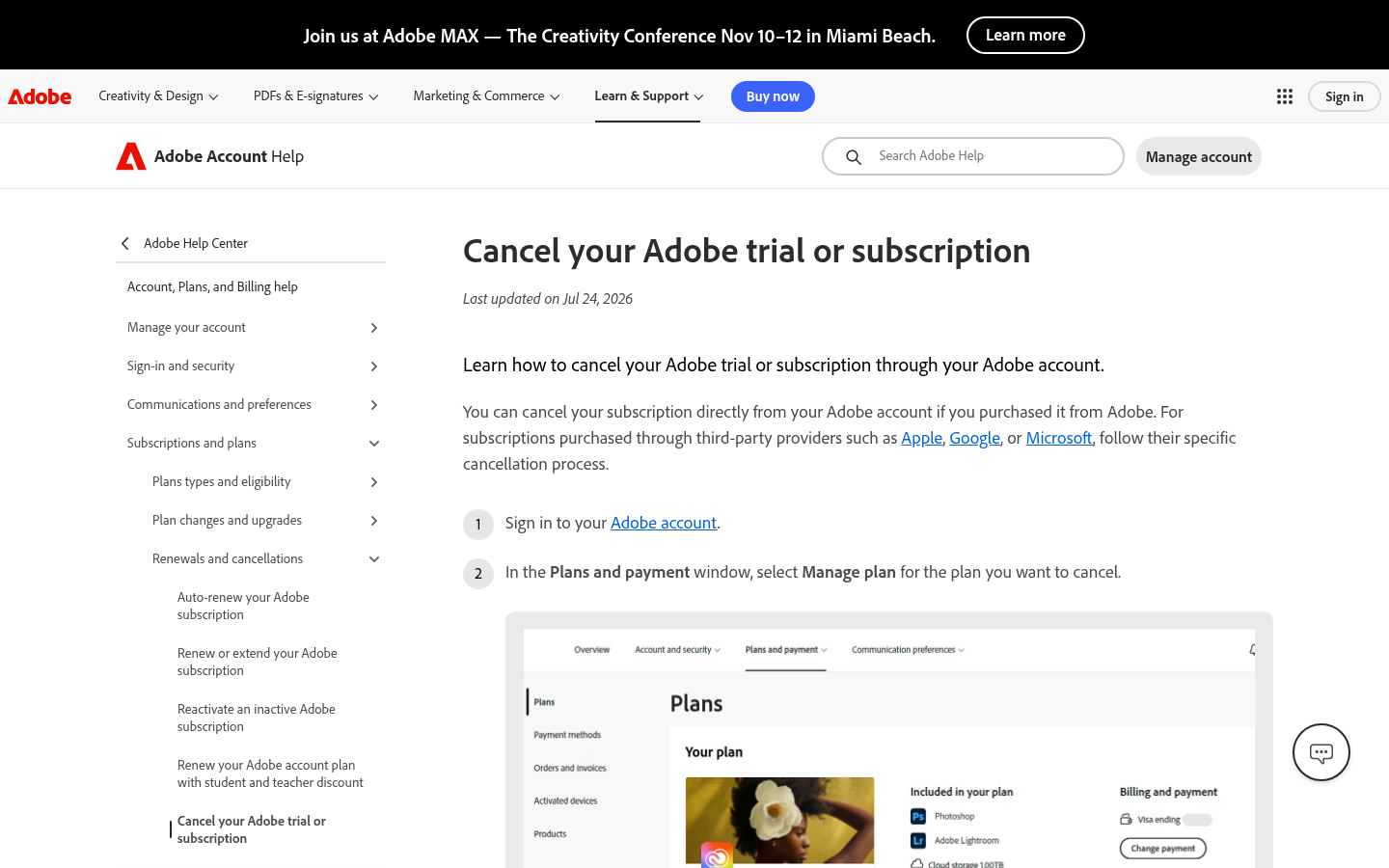 Adobe help article titled Cancel your Adobe trial or subscription, showing the first steps and a Plans screen.