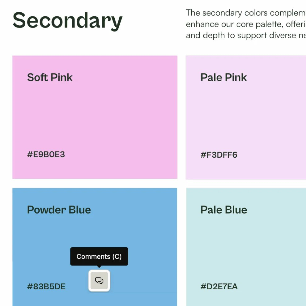A Frontify guidelines block showing a secondary color palette with named swatches, hex values and a comment control