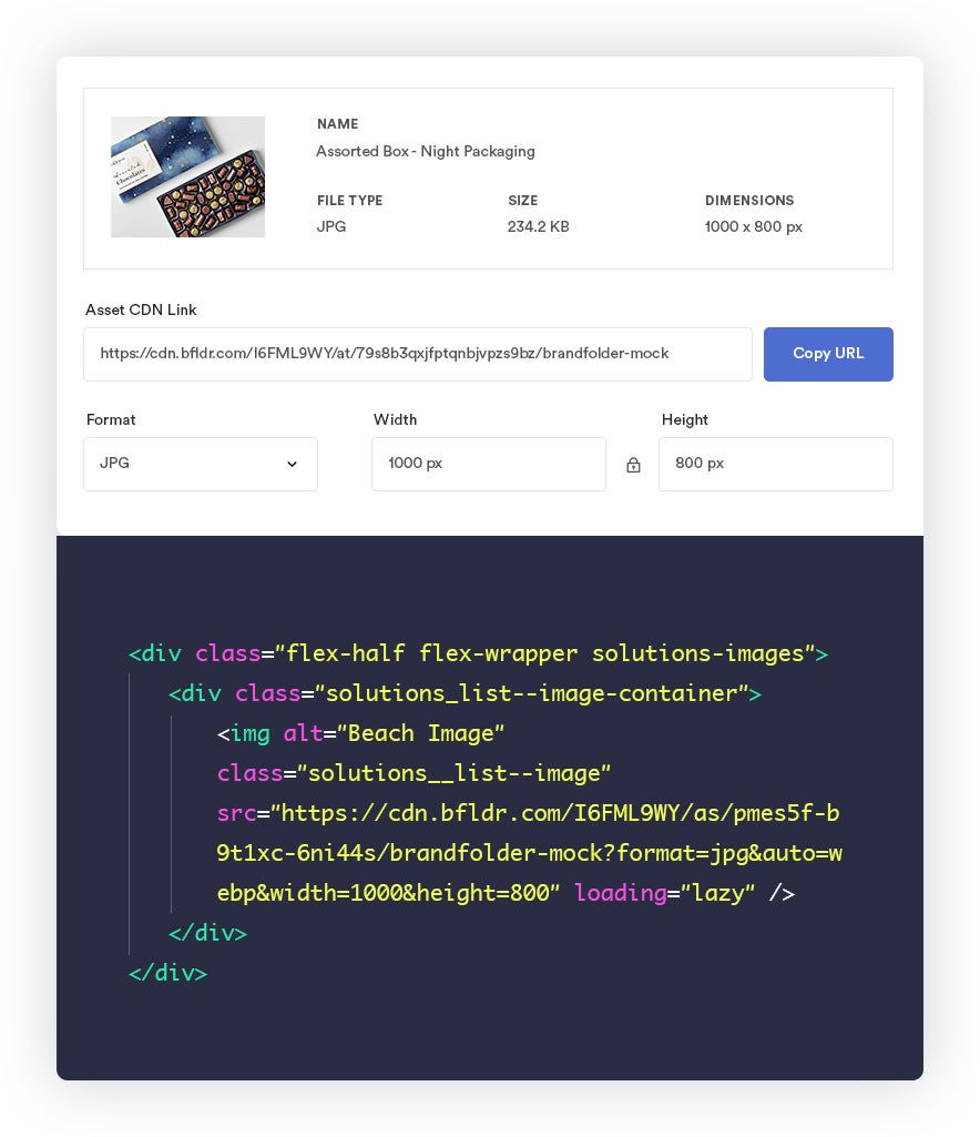 A Brandfolder asset panel showing a packaging image with its CDN link, format and size fields, and the embed code beneath