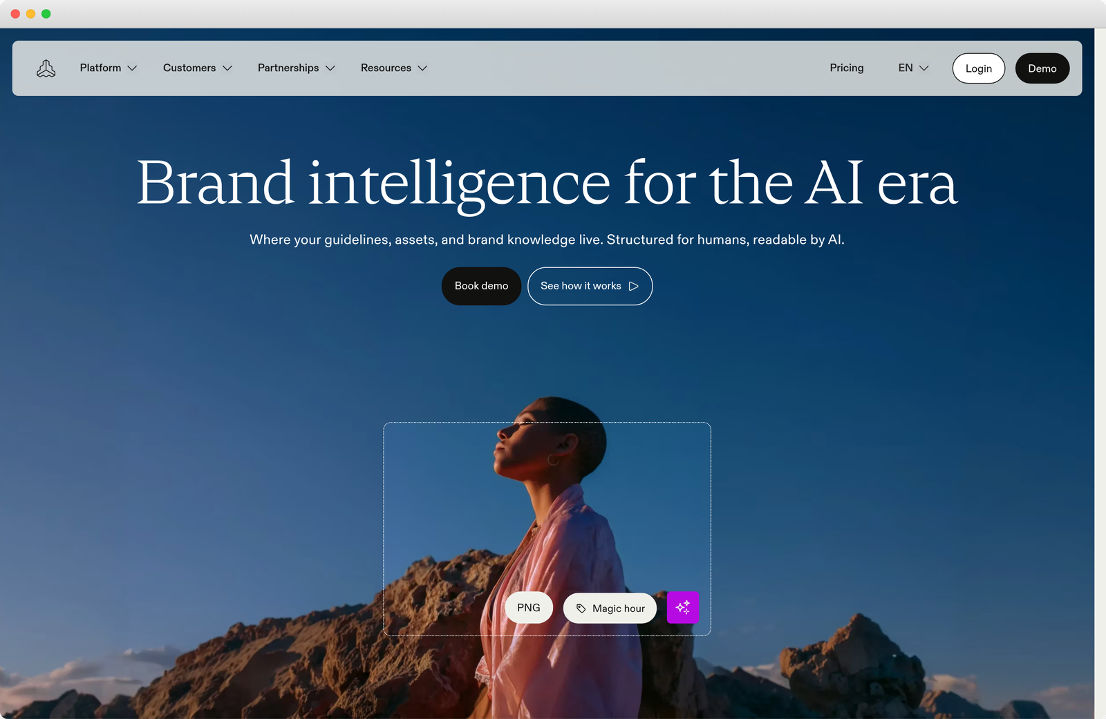 The Frontify homepage in a browser frame, headlined Brand intelligence for the AI era