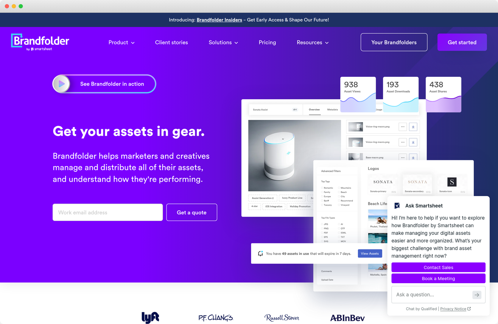 The Brandfolder homepage in a browser frame, headlined Get your assets in gear
