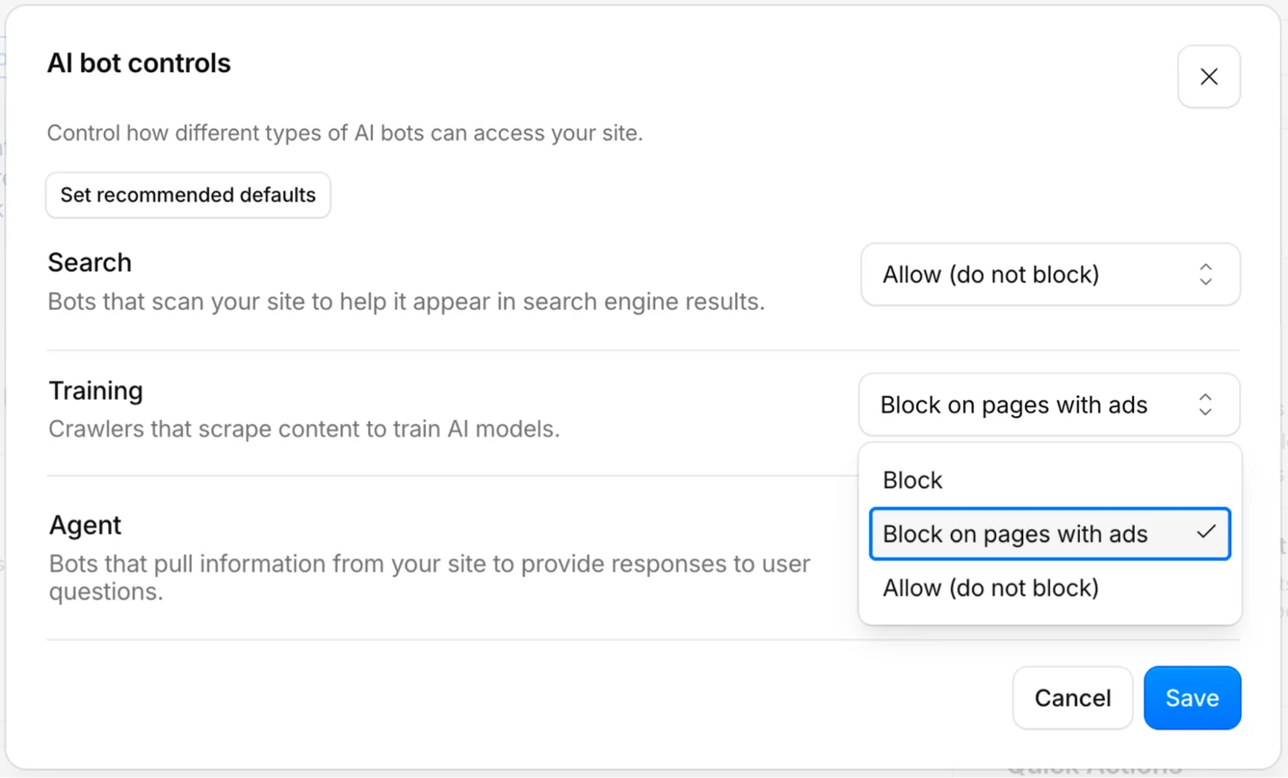 Cloudflare AI bot controls dialog with separate settings for Search, Training, and Agent bots, the Training menu open on Block, Block on pages with ads, and Allow