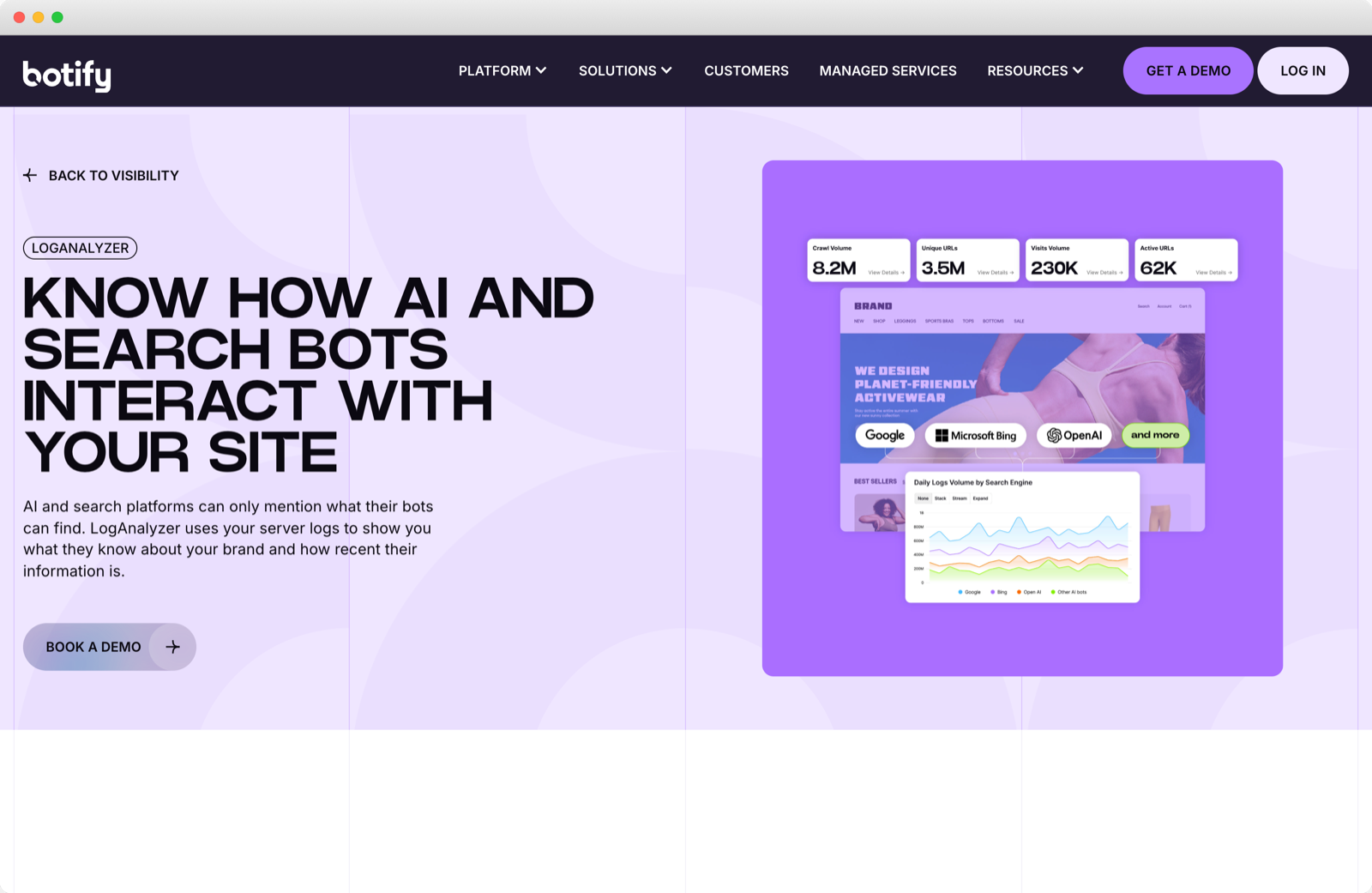 The Botify LogAnalyzer product page in a browser frame