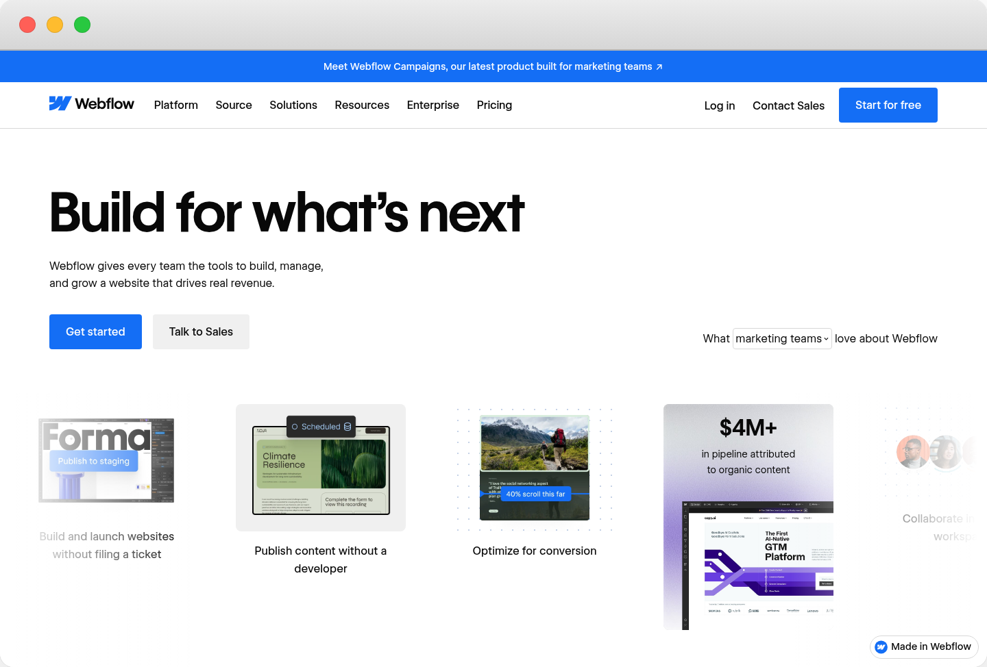 The Webflow homepage in a browser frame, headlined Build for what’s next