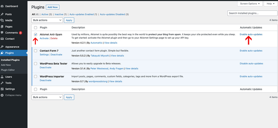 The WordPress Plugins screen listing installed plugins, with an Automatic Updates column on the right