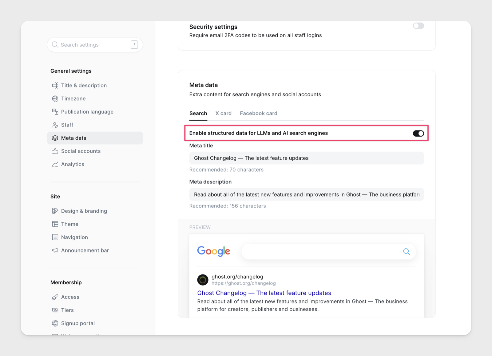Ghost’s Meta data settings with the switch Enable structured data for LLMs and AI search engines turned on