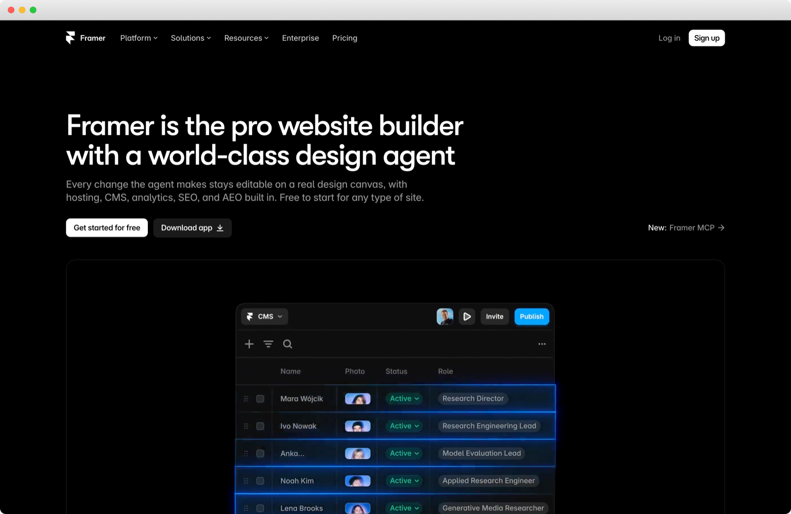 The Framer homepage in a browser frame, with a CMS table under a headline about a pro website builder with a design agent