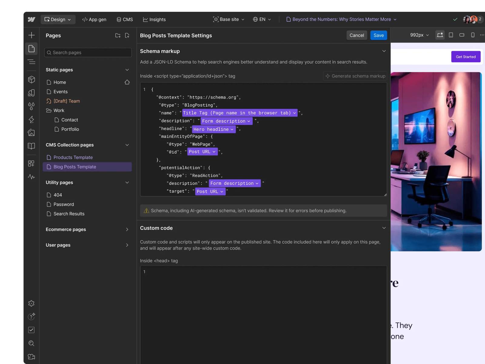 Webflow’s Blog Posts template settings, with a Schema markup field whose JSON-LD is bound to CMS fields and a Generate schema markup button
