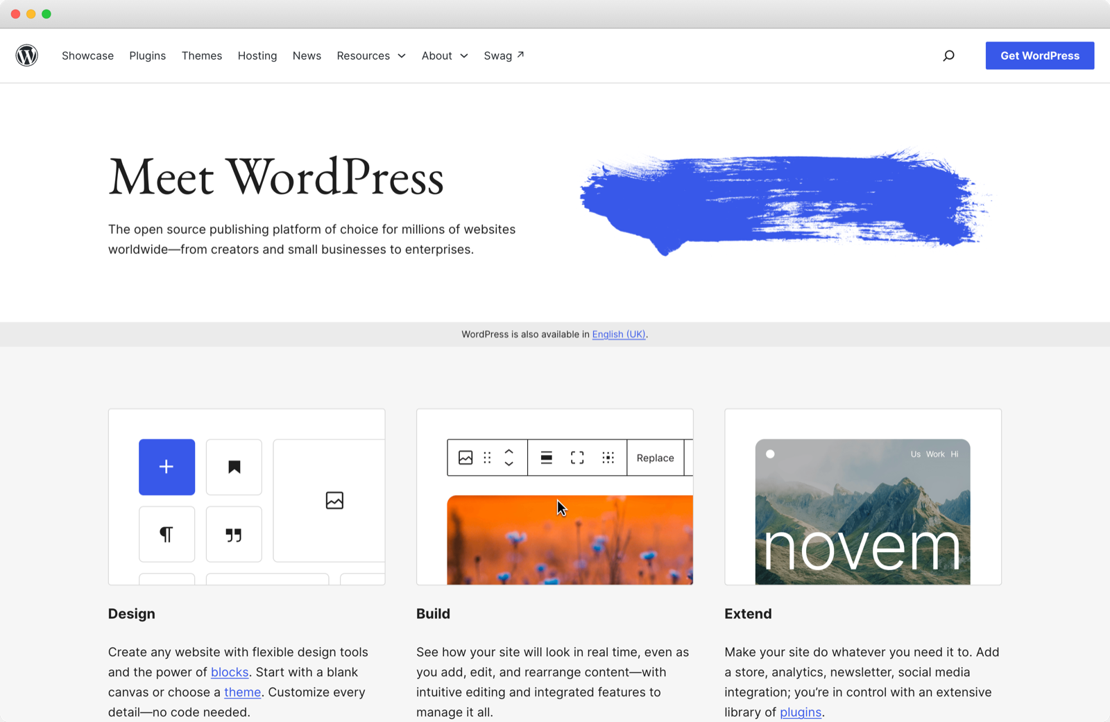 The WordPress.org homepage in a browser frame, headlined Meet WordPress