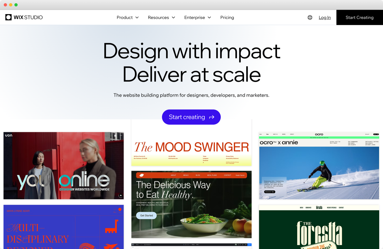The Wix Studio homepage in a browser frame, headlined Design with impact, Deliver at scale