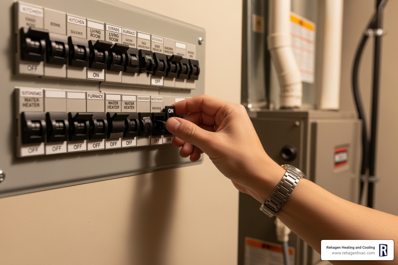 homeowner safely shutting off the power to their furnace at the circuit breaker - emergency furnace repair jefferson city homeowner safely shutting off the power to their furnace at the circuit breaker - emergency furnace repair jefferson city