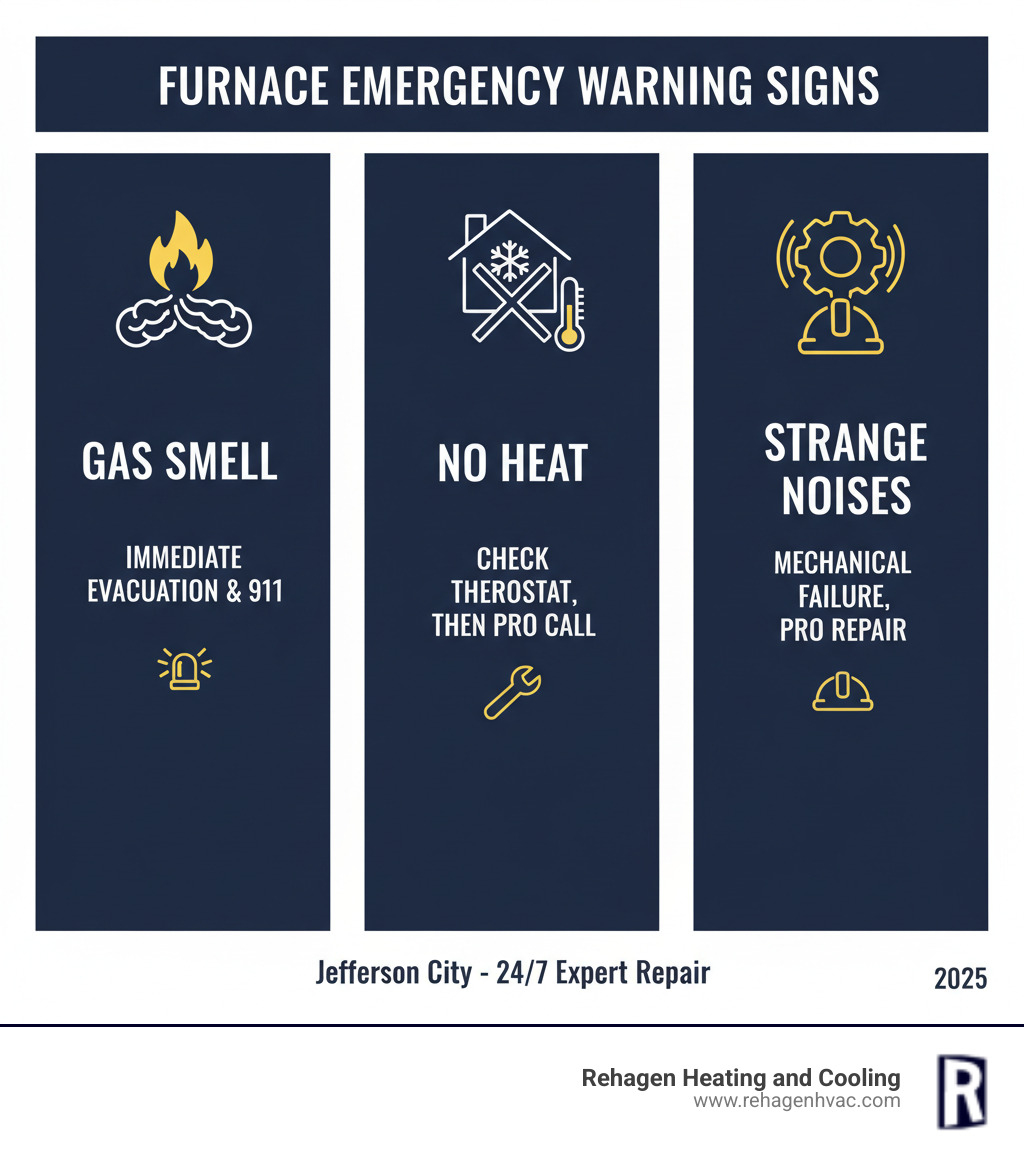 Infographic showing three critical furnace emergency warning signs: gas smell with immediate evacuation required, no heat production with thermostat check needed, and strange noises indicating mechanical failure requiring professional repair - emergency furnace repair jefferson city infographic Infographic showing three critical furnace emergency warning signs: gas smell with immediate evacuation required, no heat production with thermostat check needed, and strange noises indicating mechanical failure requiring professional repair - emergency furnace repair jefferson city infographic