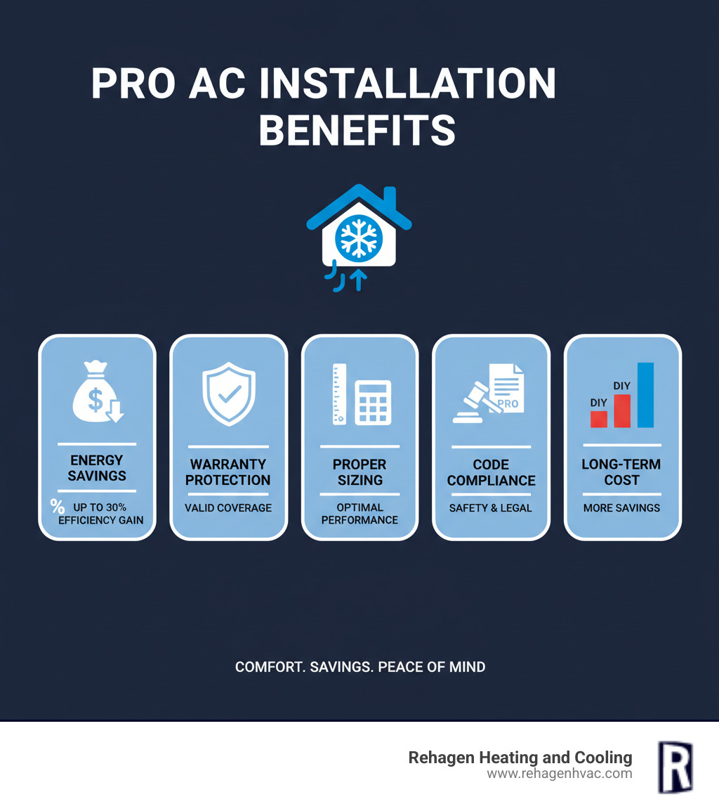 Infographic showing the benefits of professional AC installation including energy savings percentages, warranty protection, proper sizing calculations, code compliance requirements, and long-term cost comparisons between DIY and professional installation - ac installation westphalia infographic Infographic showing the benefits of professional AC installation including energy savings percentages, warranty protection, proper sizing calculations, code compliance requirements, and long-term cost comparisons between DIY and professional installation - ac installation westphalia infographic