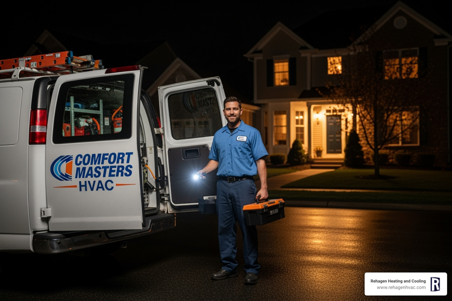 A professional HVAC technician arriving at a home in a service van at night, ready to provide emergency repair - 24/7 hvac service columbia A professional HVAC technician arriving at a home in a service van at night, ready to provide emergency repair - 24/7 hvac service columbia
