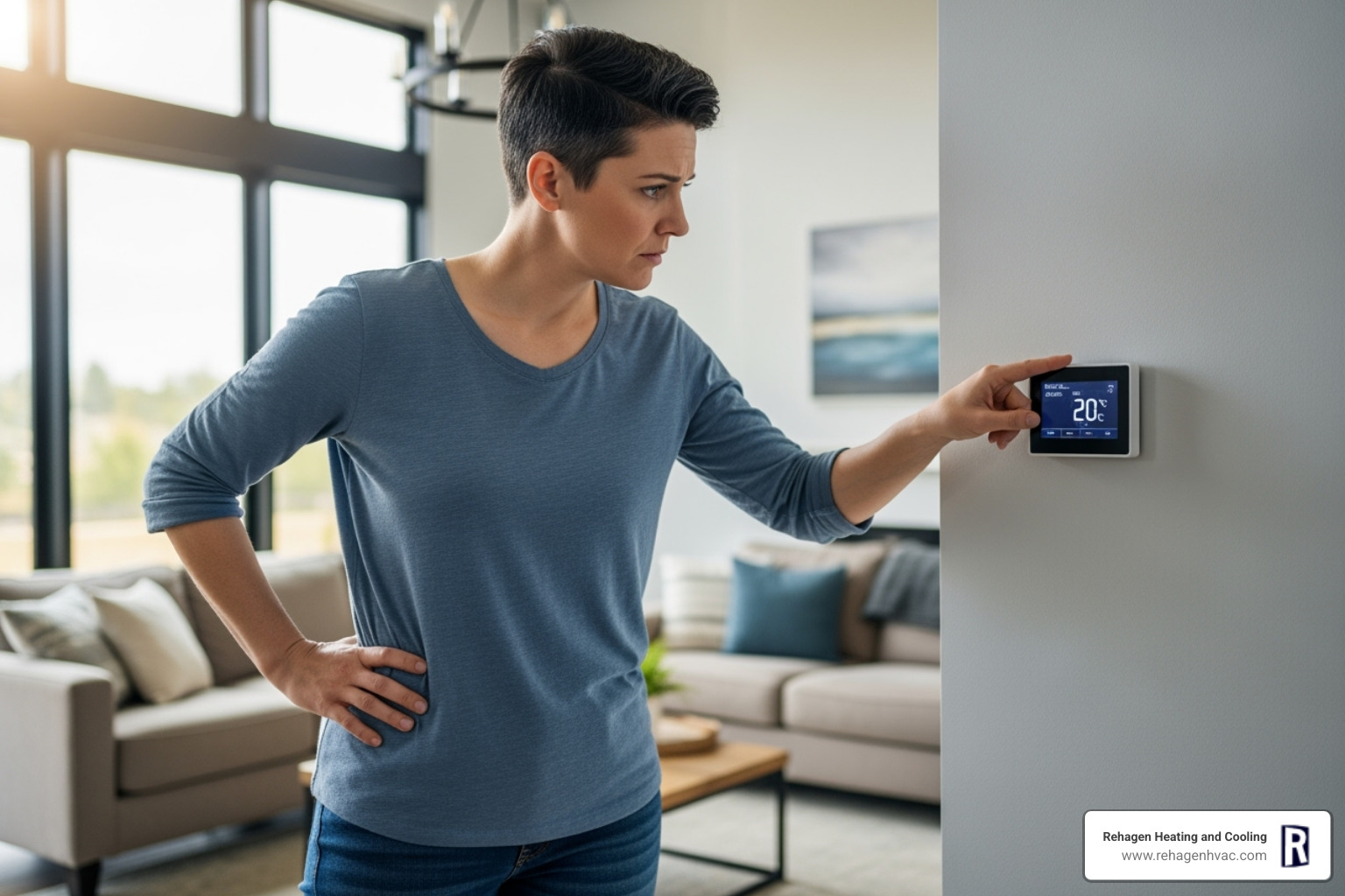 A homeowner checking their thermostat settings during an HVAC malfunction - 24/7 hvac service columbia A homeowner checking their thermostat settings during an HVAC malfunction - 24/7 hvac service columbia