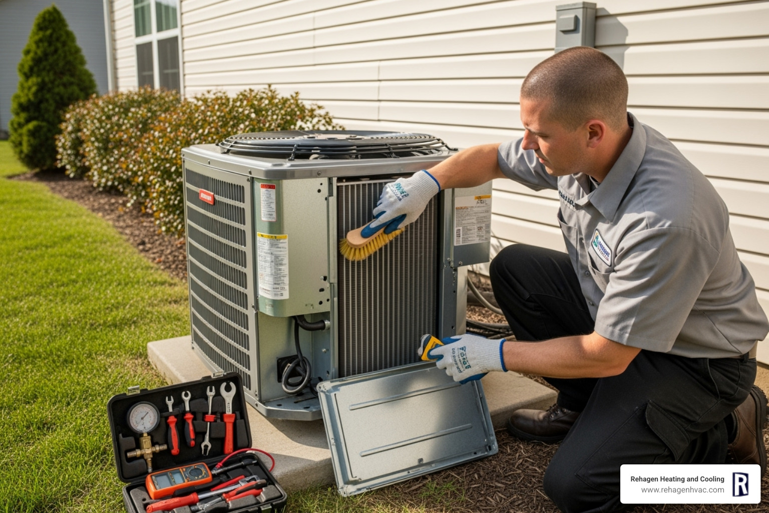 A professional technician performing routine maintenance on an outdoor AC unit, checking components and cleaning coils - 24/7 hvac service columbia A professional technician performing routine maintenance on an outdoor AC unit, checking components and cleaning coils - 24/7 hvac service columbia
