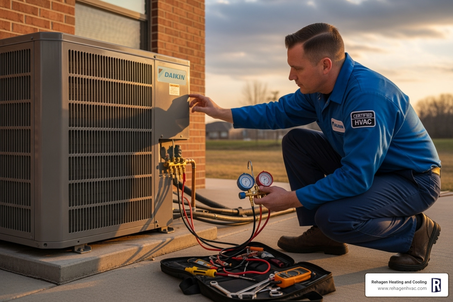 Certified technician servicing a Daikin outdoor condenser unit - daikin mini split repair jefferson city Certified technician servicing a Daikin outdoor condenser unit - daikin mini split repair jefferson city