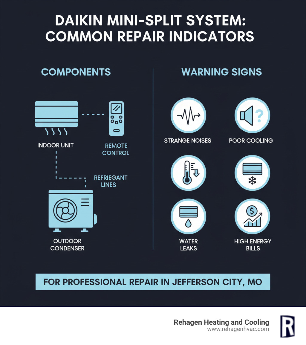 Infographic showing Daikin mini-split system components including wall-mounted indoor unit, outdoor condenser, refrigerant lines, and remote control with common repair indicators like strange noises, poor cooling, water leaks, and high energy bills - daikin mini split repair jefferson city infographic Infographic showing Daikin mini-split system components including wall-mounted indoor unit, outdoor condenser, refrigerant lines, and remote control with common repair indicators like strange noises, poor cooling, water leaks, and high energy bills - daikin mini split repair jefferson city infographic